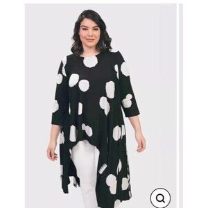 Alembika Tunic Top Size 8 10 Spot Hi-Lo Black White 3/4 Sleeve Jersey Pullover
